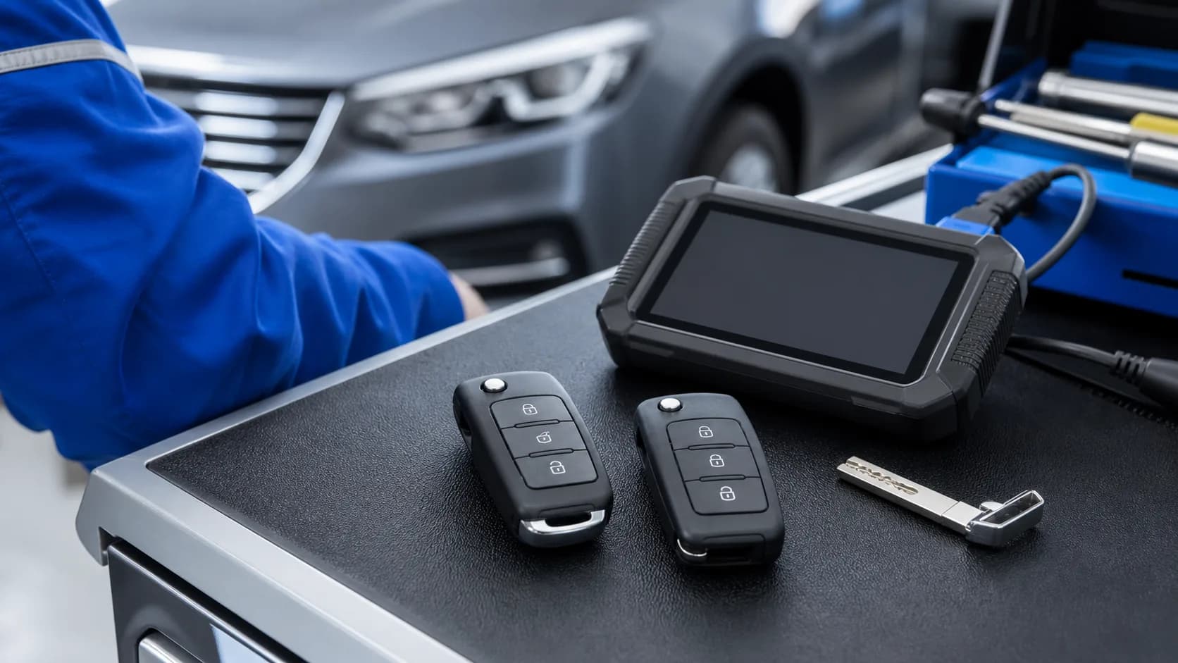 Automotive key technician comparing a spare key and a programmed vehicle key