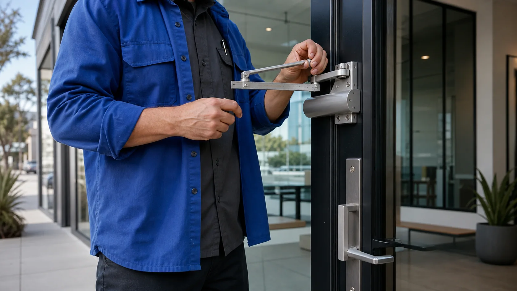 Technician inspecting commercial storefront door and lock hardware
