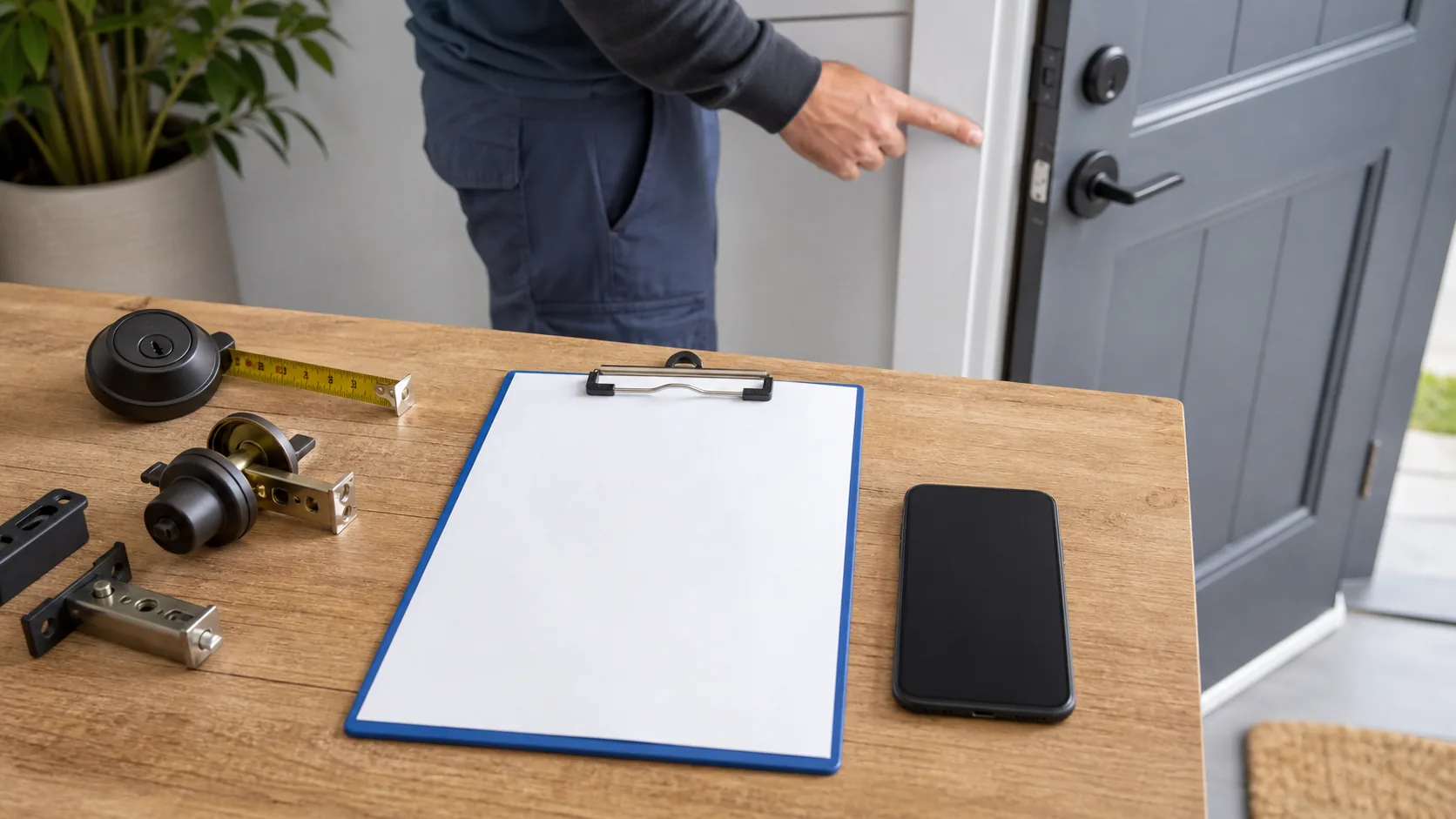 Locksmith reviewing a clear service estimate beside door hardware
