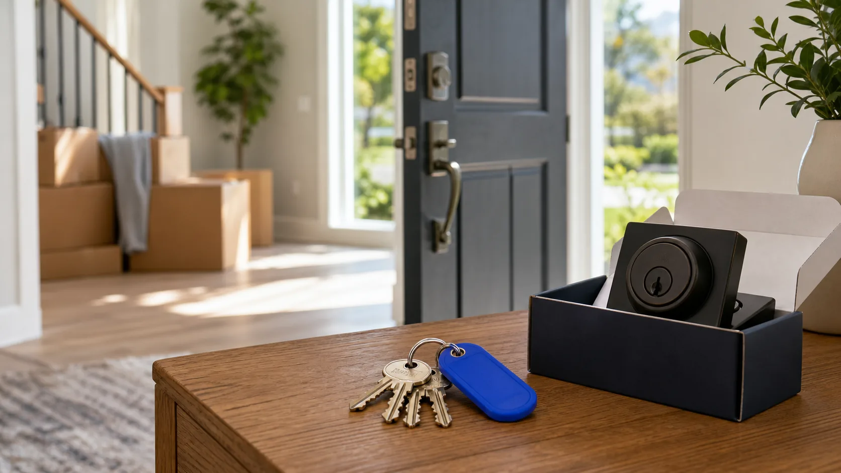 New homeowner organizing fresh keys during a move-in lock rekey