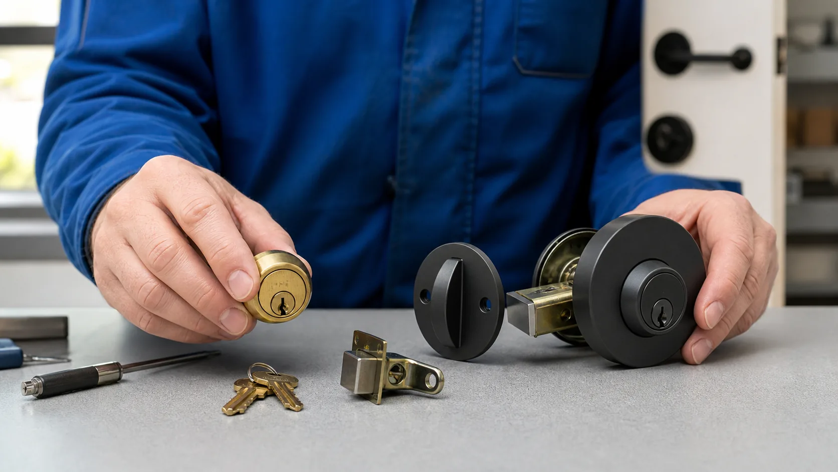 Locksmith comparing a lock cylinder with complete replacement hardware