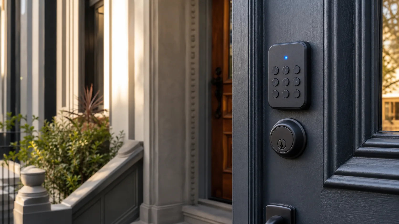 Modern smart deadbolt installed on a San Francisco home's front door